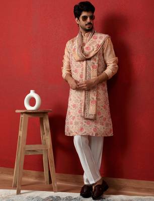 Silk floral printed peach kurta and trouser pant with duppatta 1