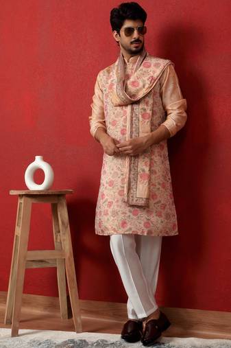 Silk floral printed peach kurta and trouser pant with duppatta