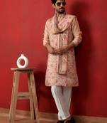Silk floral printed peach kurta and trouser pant with duppatta