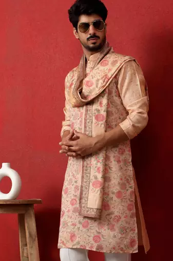 Silk floral printed peach kurta and trouser pant with duppatta