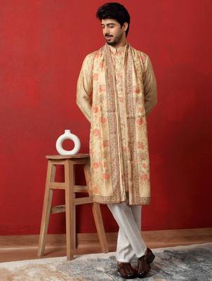 Silk floral printed beige kurta and trouser pant with duppatta 1