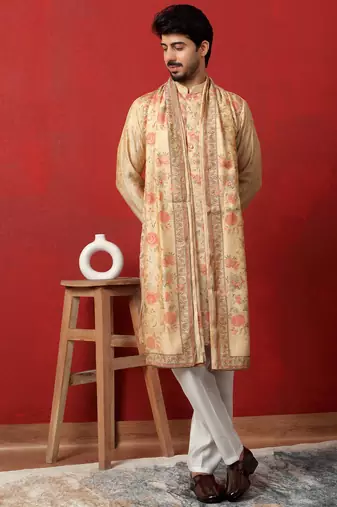 Silk floral printed beige kurta and trouser pant with duppatta