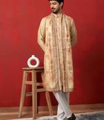 Silk floral printed beige kurta and trouser pant with duppatta