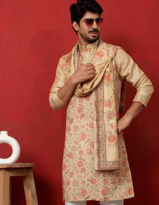 Silk floral printed beige kurta and trouser pant with duppatta 4