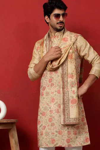 Silk floral printed beige kurta and trouser pant with duppatta