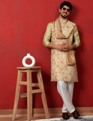 Silk floral printed pista kurta and trouser pant with duppatta 1