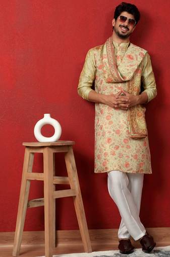 Silk floral printed pista kurta and trouser pant with duppatta