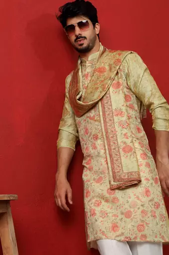 Silk floral printed pista kurta and trouser pant with duppatta