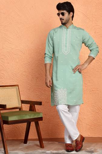 Cotton silk yoke design embroidered green kurta with trouser pant