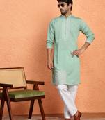 Cotton silk yoke design embroidered green kurta with trouser pant