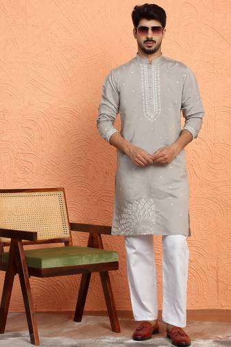 Cotton silk yoke design embroidered grey kurta with trouser pant