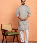 Cotton silk yoke design embroidered grey kurta with trouser pant