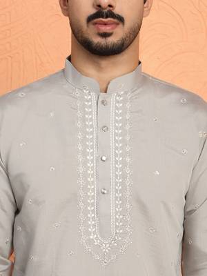 Cotton silk yoke design embroidered grey kurta with trouser pant 2