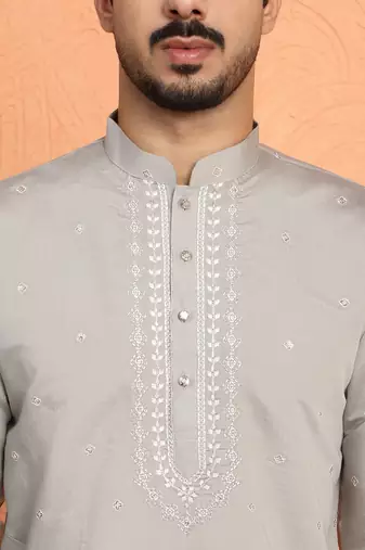 Cotton silk yoke design embroidered grey kurta with trouser pant