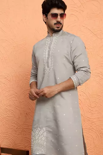 Cotton silk yoke design embroidered grey kurta with trouser pant