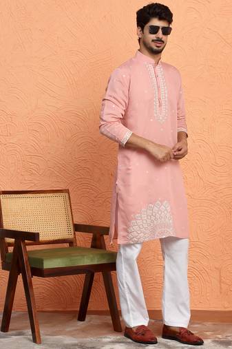 Cotton silk yoke design embroidered pink kurta with trouser pant