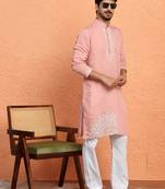 Cotton silk yoke design embroidered pink kurta with trouser pant
