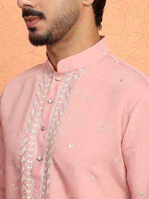 Cotton silk yoke design embroidered pink kurta with trouser pant 2