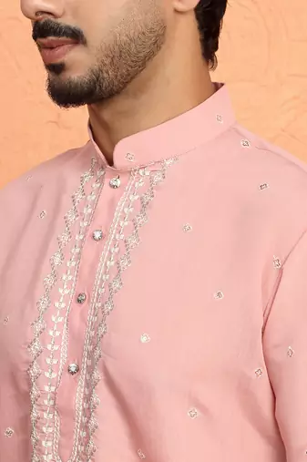 Cotton silk yoke design embroidered pink kurta with trouser pant