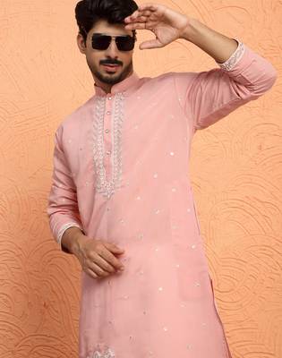Cotton silk yoke design embroidered pink kurta with trouser pant 4