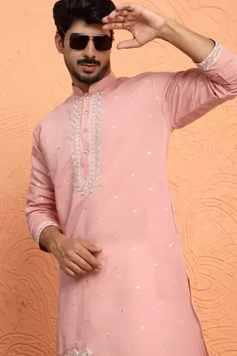 Cotton silk yoke design embroidered pink kurta with trouser pant