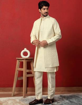 Silk blend cream kurta and trouser with long embroidered sequin nehru jacket 1