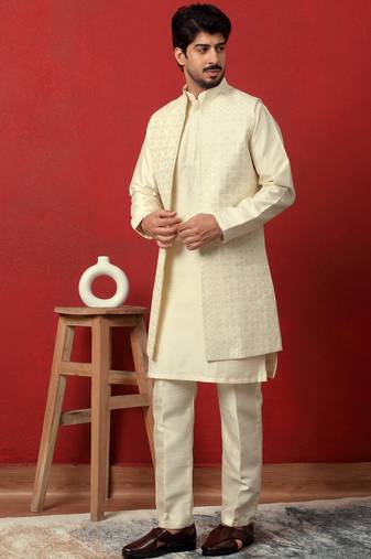 Silk blend cream kurta and trouser with long embroidered sequin nehru jacket