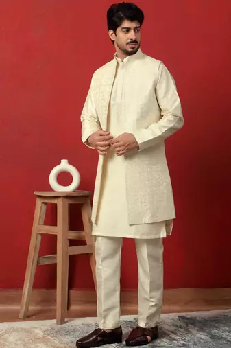 Silk blend cream kurta and trouser with long embroidered sequin nehru jacket