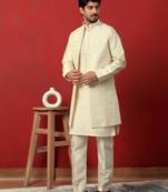 Silk blend cream kurta and trouser with long embroidered sequin nehru jacket