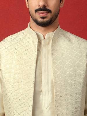 Silk blend cream kurta and trouser with long embroidered sequin nehru jacket 2