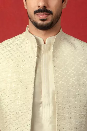 Silk blend cream kurta and trouser with long embroidered sequin nehru jacket