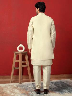 Silk blend cream kurta and trouser with long embroidered sequin nehru jacket 3