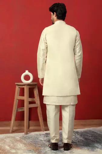 Silk blend cream kurta and trouser with long embroidered sequin nehru jacket
