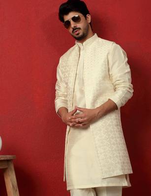 Silk blend cream kurta and trouser with long embroidered sequin nehru jacket 4