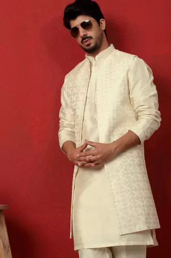 Silk blend cream kurta and trouser with long embroidered sequin nehru jacket