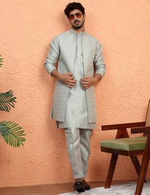 Silk blend green kurta and trouser with long embroidered sequin nehru jacket 1