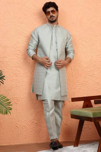 Silk blend green kurta and trouser with long embroidered sequin nehru jacket