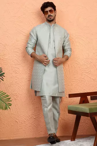 Silk blend green kurta and trouser with long embroidered sequin nehru jacket