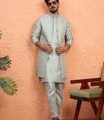 Silk blend green kurta and trouser with long embroidered sequin nehru jacket
