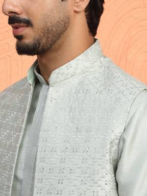 Silk blend green kurta and trouser with long embroidered sequin nehru jacket 2