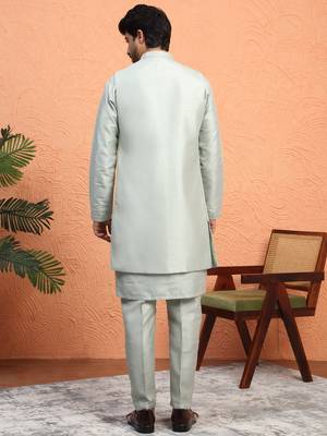 Silk blend green kurta and trouser with long embroidered sequin nehru jacket 3