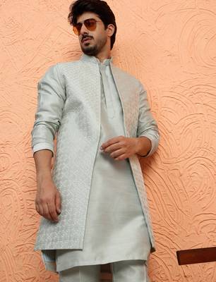 Silk blend green kurta and trouser with long embroidered sequin nehru jacket 4