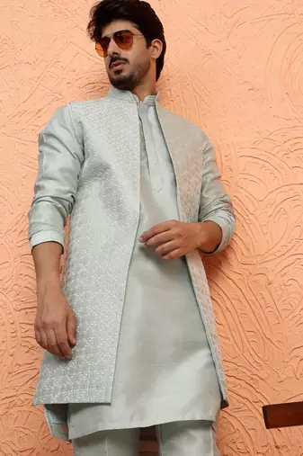 Silk blend green kurta and trouser with long embroidered sequin nehru jacket