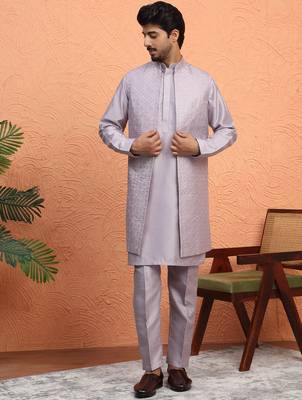 Silk blend mauve kurta and trouser with long embroidered sequin nehru jacket 1