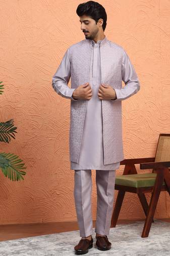 Silk blend mauve kurta and trouser with long embroidered sequin nehru jacket