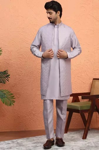 Silk blend mauve kurta and trouser with long embroidered sequin nehru jacket