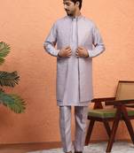 Silk blend mauve kurta and trouser with long embroidered sequin nehru jacket