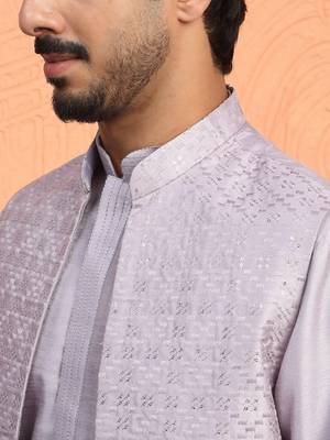 Silk blend mauve kurta and trouser with long embroidered sequin nehru jacket 2