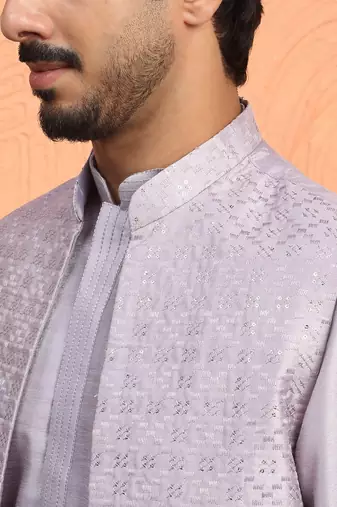 Silk blend mauve kurta and trouser with long embroidered sequin nehru jacket
