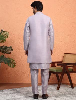 Silk blend mauve kurta and trouser with long embroidered sequin nehru jacket 3